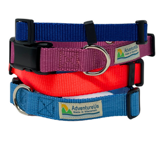 Small collar adjustable 11-17" made with 3/4" webbing Large collar adjustable 17-25" made with 1" webbing Can be used with Dogs or Cats Heavy Duty Webbing & Hardware  USA MADE in Washburn, WI