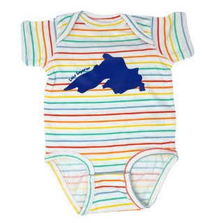 This 100% cotton baby onesie has rainbow on a white background garment. It features a royal blue Lake Superior image.