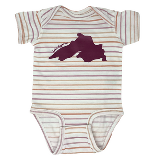 This 100% cotton baby onesie has five shades of pink and purple stripes on a white background garment. It features a berry colored Lake Superior image.