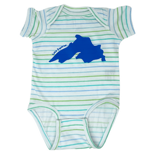 This 100% cotton baby onesie has five shades of blue stripe on a white background garment. It features a royal blue Lake Superior image.