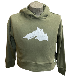 Crackled Lake Superior - Cropped Eco-Washed Modern Terry Hoodie - Military Green