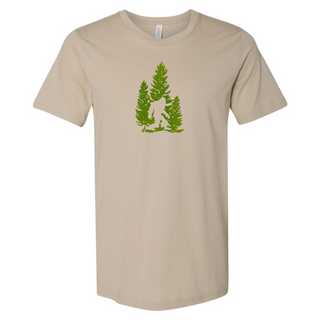 Adult Bigfoot T-Shirt designed in Northern Wisconsin by AdventureUs, featuring hidden Sasquatch forest graphic, unisex 100% cotton nature-themed tee