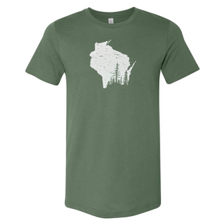 Northwoods T-Shirt featuring a scenic northern Wisconsin forest graphic inside State, made from 100% cotton, soft and flowy – perfect for nature lovers and Wisconsin enthusiasts.
