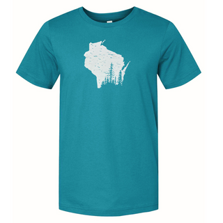 Northwoods T-Shirt featuring a scenic State of Wisconsin with forest graphic, made from 100% cotton, soft and flowy – perfect for nature lovers and Wisconsin enthusiasts.