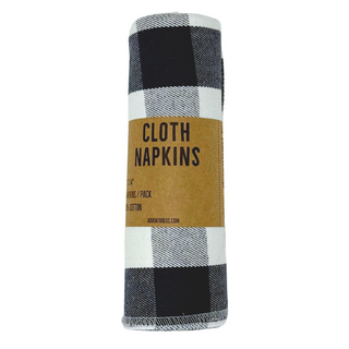 A set of four navy/blue and white gingham cloth napkins, made from 100% yarn-dyed flannel cotton, each measuring 14 by 14 inches.