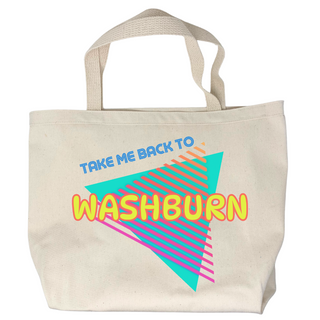 USA-Made in Washburn, Wisconsin with 100% cotton canvas. This unique tote bag features a fun graphic designed in-house. Perfect for carrying your essentials on any adventure! Features a neon retro 90's graphic that reads "Take me back to Washburn."