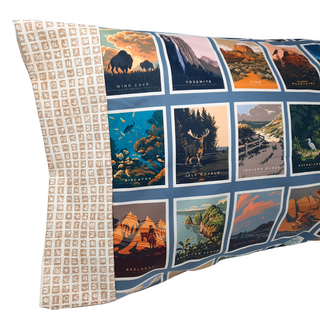 Brighten up your favorite sleep space with a beautiful, soft pillowcase.  This pillowcase is a perfect gift for the National Parks enthusiast in your life.  Standard Size measures 30" x 20" One pillowcase Washing Instructions: Machine Wash Cold/Tumble Dry Low Product designed and sewn by AdventureUs in Northern Wisconsin  Materials: 100% cotton Riley Blake Designs™ National Parks Badges fabric