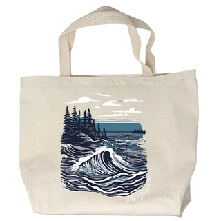 USA-Made in Washburn, Wisconsin with 100% cotton canvas. This unique tote bag features a fun graphic designed in-house. Perfect for carrying your essentials on any adventure! Features a blue and grey graphic of whitecaps near a shoreline and the words Lake Superior along the lower right corner.