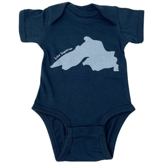 This denim blue 100% cotton baby onesie features a pale blue Lake Superior image with small text that reads "Lake Superior."