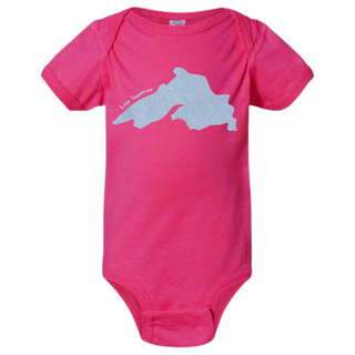 This 100% cotton hot pink baby onesie features a pale blue Lake Superior image and small text that reads "Lake Superior."