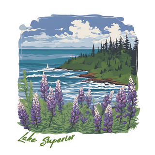 USA-Made in Washburn, Wisconsin with 100% cotton canvas. This unique tote bag features a fun graphic designed in-house. Perfect for carrying your essentials on any adventure! Features a lake shoreline with lupines blooming in the foreground and trees and clouds in the distance.