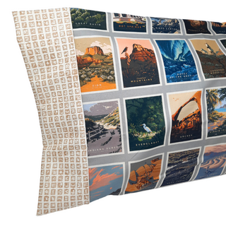 Brighten up your favorite sleep space with a beautiful, soft pillowcase.  This pillowcase is a perfect gift for the National Parks enthusiast in your life.  Standard Size measures 30" x 20" One pillowcase Washing Instructions: Machine Wash Cold/Tumble Dry Low Product designed and sewn by AdventureUs in Northern Wisconsin  Materials: 100% cotton Riley Blake Designs™ National Parks Badges fabric