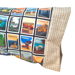 This pillowcase is perfect for the National Parks enthusiast in your life.  Standard Size measures 30" x 20" One pillowcase Choose from cream or green cuff Washing Instructions: Machine Wash Cold/Tumble Dry Low Product designed and sewn by AdventureUs 2022 in Northern Wisconsin  Materials: 100% cotton Riley Blake Designs™ National Parks Posters fabric