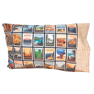 This pillowcase is perfect for the National Parks enthusiast in your life.  Standard Size measures 30" x 20" One pillowcase Choose from cream or green cuff Washing Instructions: Machine Wash Cold/Tumble Dry Low Product designed and sewn by AdventureUs 2022 in Northern Wisconsin  Materials: 100% cotton Riley Blake Designs™ National Parks Posters fabric