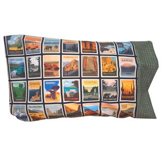 This pillowcase is perfect for the National Parks enthusiast in your life.  Standard Size measures 30" x 20" One pillowcase Choose from cream or green cuff Washing Instructions: Machine Wash Cold/Tumble Dry Low Product designed and sewn by AdventureUs 2022 in Northern Wisconsin  Materials: 100% cotton Riley Blake Designs™ National Parks Posters fabric