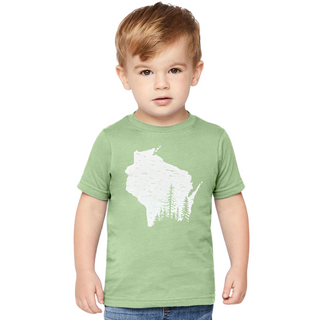 Toddler Northwoods T-Shirt with  Wisconsin State with forest graphic, soft 100% cotton toddler tee in sizes 2T–7, nature-themed kids shirt for outdoor adventures.