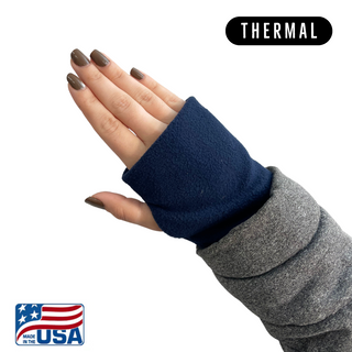 Thermal Snow Sleeves® are a soft, warm wrist gaiter designed to be worn as fingerless gloves.  
Ideal for chilly fall and spring days, driving, computer work, skiing, hiking and more.
Insulating micro fleece fabric.
Specially placed thumb hole designed for extra hand coverage.
Recommended for ages 12 and older.