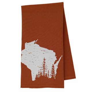 One 28" x 20" burnt orange colored towel, design of the Northwoods inside state of Wisconsin
Proudly designed and printed in Washburn, WI, USA