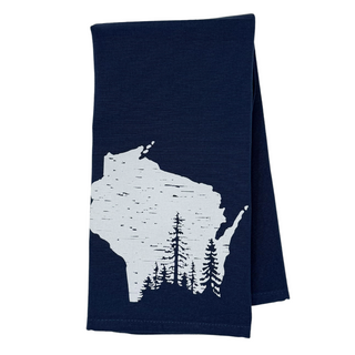 One 28" x 20" navy colored towel
design of the Northwoods inside state of Wisconsin
Proudly designed and printed in Washburn, WI, USA