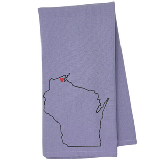 One 28" x 20" towel
design with a heart in state of Wisconsin
Proudly designed and printed in Washburn, WI, USA