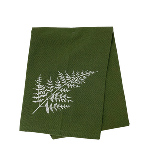 One 28" x 20" towel 5" x 5" design of a fern Embroidered in Washburn, WI, USA