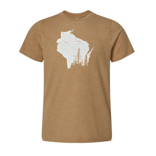 Youth Northwoods Wisconsin T-Shirt made from 100% cotton, unisex kids tee with bold graphic, designed in Northern Wisconsin by AdventureUs.