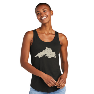 This flowy black tank top showcases a beautiful graphic depicting Lake Superior in light grey with distressing.