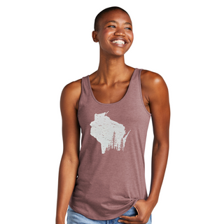 This flowy heathered pink tank top showcases a beautiful graphic depicting the state of Wisconsin in light grey with evergreen trees from the lower right corner and an all-over birch bark type distressing.