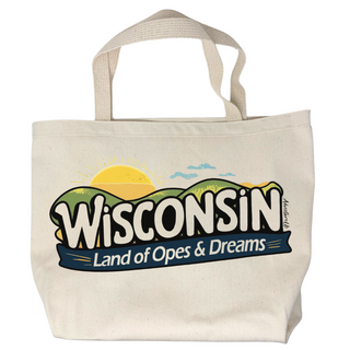 USA-Made in Washburn, Wisconsin with 100% cotton canvas. This unique tote bag features a fun graphic designed in-house. Perfect for carrying your essentials on any adventure! Features the word Wisconsin in bubble letters backed by green hills and sunshine with a navy banner below that reads Land of Opes & Dreams.
