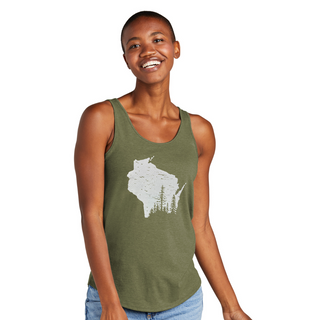 This flowy heathered green tank top showcases a beautiful graphic depicting the state of Wisconsin in light grey with evergreen trees from the lower right corner and an all-over birch bark type distressing.