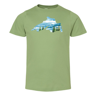 Youth Lake Superior T-Shirt made from 100% cotton, unisex kids tee with bold Great Lake graphic, designed in Northern Wisconsin by AdventureUs.