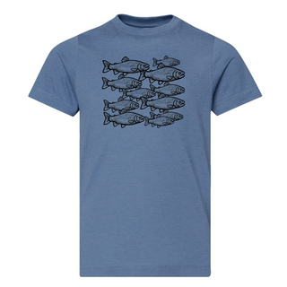 Blue-colored youth t-shirt with a graphic of a school of fish, designed and heat-pressed by AdventureUs in Washburn WI