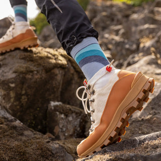 Fox River Backcountry lightweight hiking socks in neutral tones, featuring reinforced heel and toe, ribbed arch support, and breathable mesh panels—ideal for outdoor adventures.