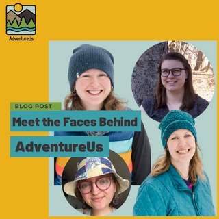 Audrey, Amy, Fran, and Anna smiling in their AdventureUs Masks in front of sewing and mask making supplies.