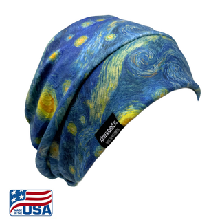 AdventureUs slouchy hat in Starry Night print, ultra soft  Polartec® fleece, USA made