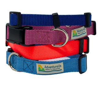 Small collar adjustable 11-17" made with 3/4" webbing Large collar adjustable 17-25" made with 1" webbing Can be used with Dogs or Cats Heavy Duty Webbing &amp; Hardware  USA MADE in Washburn, WI