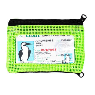 Durable, compact wallet made for the water Mesh design dries quickly and won’t trap sand or silt Two zippered pockets ID window Reflective keyring attachment Includes RFID-blocking card Max Capacity 15-18 cards Dimensions 3” x 4.5”