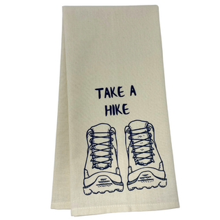 One 28" x 20" cream colored towel
7" x 5" design of hiking boots and phrase "Take a Hike"
Proudly designed and printed in Washburn, WI, USA