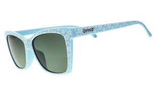 Iconic limited-edition baby blue Pop Gs w/ green non-reflective lenses featuring a cherry blossom print. 