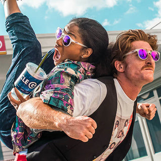 Reach for these clear, translucent circle frames with purple reflective lenses.

These amazing shades are the real deal. Super-stylish &amp; perfect for all your adventures!&nbsp; Be the envy of your friends this summer season!&nbsp;

Great sunglasses for kids (~7 years &amp; up) and adults.

POLARIZED: Glare reducing, polarized lenses with UV400 protection against UVA/UVB rays
NO Slip: Special grip coating eliminates slippage while sweating
NO Bounce: Snug and lightweight frame with a comfortable fit to pr