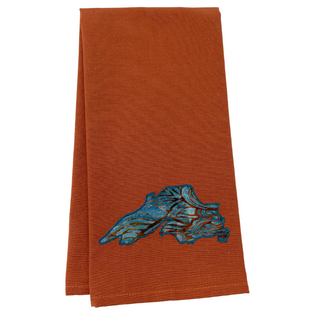 One 28" x 20" burnt orange tea towel 
2.75" x 6" applique of Lake Superior