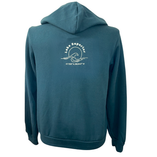 Zip up sweatshirt with Lake Superior wave and coordinates printed on back
Cozy, Sponge Fleece
Unisex Fit
4.5"x2.25" Lake Superior Left Chest
Lake Superior Logo on Back