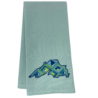 One 28" x 20" light blue towel
with 2.75" x 6" applique of Lake Superior