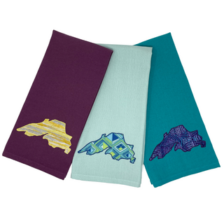 Three 28" x 20" towels with a 
2.75" x 6" applique of Lake Superior