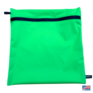 Eco-friendly, water-resistant pack bags keep messes contained and gear organized. Perfect for travel, wet swimsuits, toiletries, or hiking essentials, they make sustainable living simple and stylish. USA Made in Wisconsin with USA eco-friendly fabric.  Color Lime Green. Size Large 14 inches wide by  14.5 inches tall.
