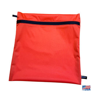 Eco-friendly, water-resistant pack bags keep messes contained and gear organized. Perfect for travel, wet swimsuits, toiletries, or hiking essentials, they make sustainable living simple and stylish. USA Made in Wisconsin with USA eco-friendly fabric.  Color Red. Size Large 14 inches wide by  14.5 inches tall.