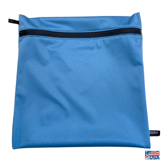 Eco-friendly, water-resistant pack bags keep messes contained and gear organized. Perfect for travel, wet swimsuits, toiletries, or hiking essentials, they make sustainable living simple and stylish. USA Made in Wisconsin with USA eco-friendly fabric.  Color Soft Blue. Size Large 14 inches wide by  14.5 inches tall.