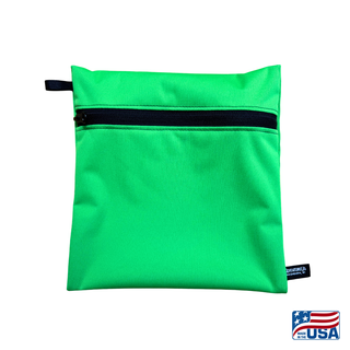 Eco-friendly, water-resistant pack bags keep messes contained and gear organized. Perfect for travel, wet swimsuits, toiletries, or hiking essentials, they make sustainable living simple and stylish. USA Made in Wisconsin with USA eco-friendly fabric.  Color Lime Green. Size medium 9 inches wide by 9 inches tall.