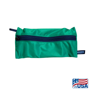Eco-friendly, water-resistant pack bags keep messes contained and gear organized. Perfect for travel, wet swimsuits, toiletries, or hiking essentials, they make sustainable living simple and stylish. USA Made in Wisconsin. Dark Green color with black zipper and hang loop. Size Small 9 inches by 4.5 inches.