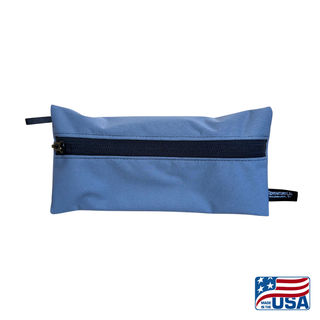 Eco-friendly, water-resistant pack bags keep messes contained and gear organized. Perfect for travel, wet swimsuits, toiletries, or hiking essentials, they make sustainable living simple and stylish. USA Made in Wisconsin. Grey color with black zipper and hang loop. Size Small 9 inches by 4.5 inches.